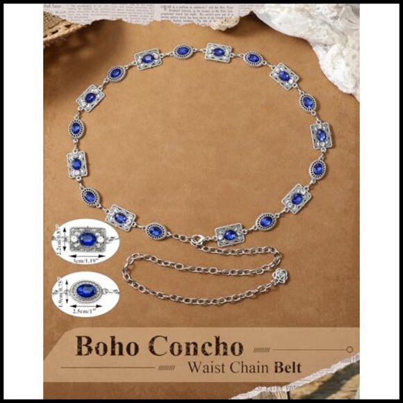 Vintage Western Concho Chain Belt Rhinestone Gems Boho Metal Waist Chain - Picture 3 of 5